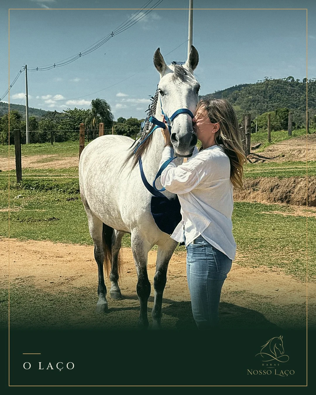 Uma mulher e um cavalo branco no Haras Nosso Laço